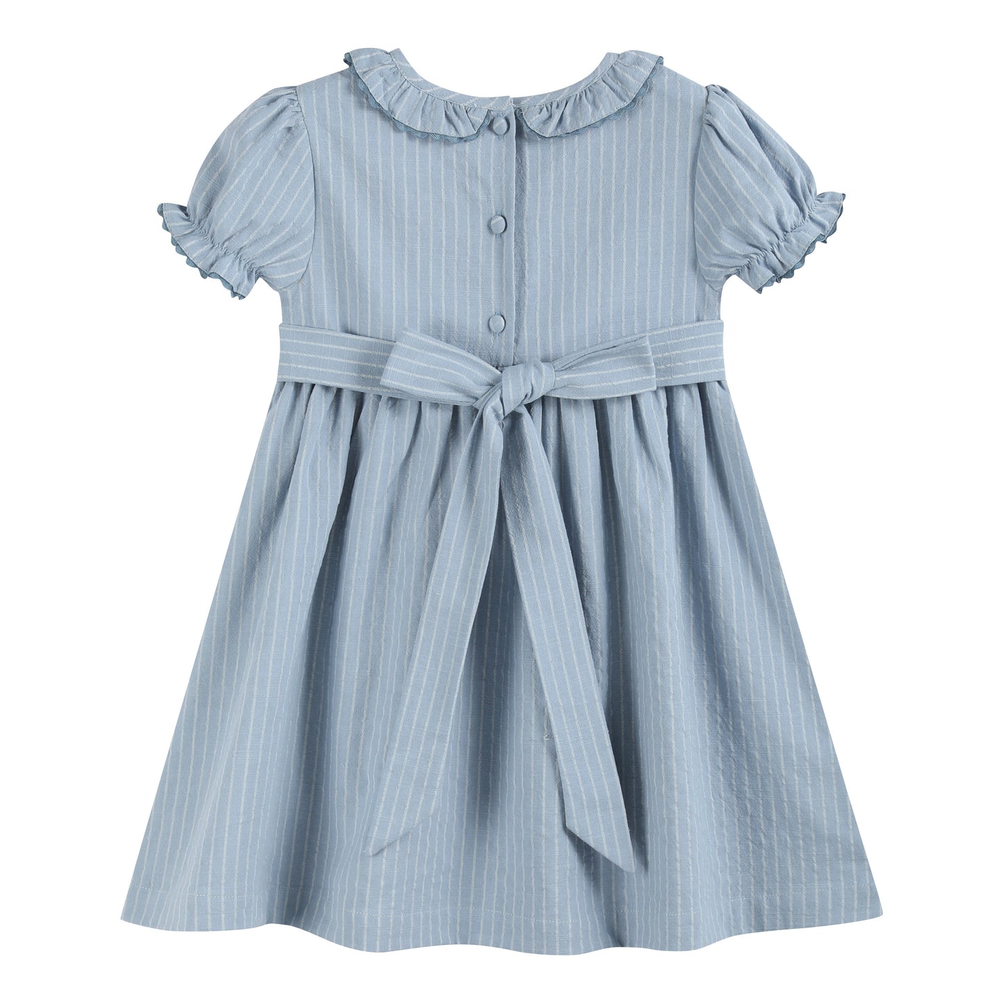Light Blue Pinstripe Smocked Ruffle Dress