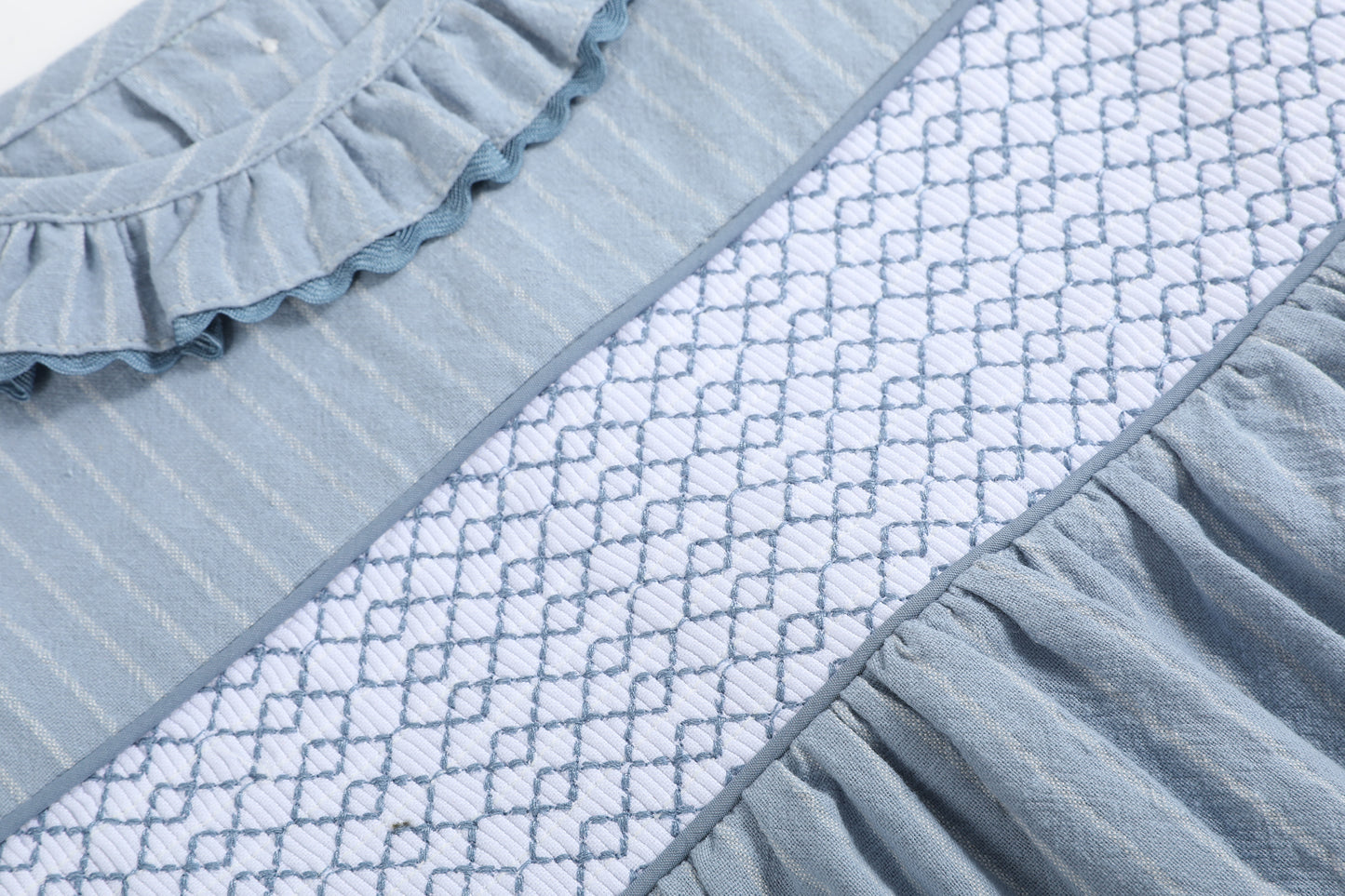 Light Blue Pinstripe Smocked Ruffle Dress
