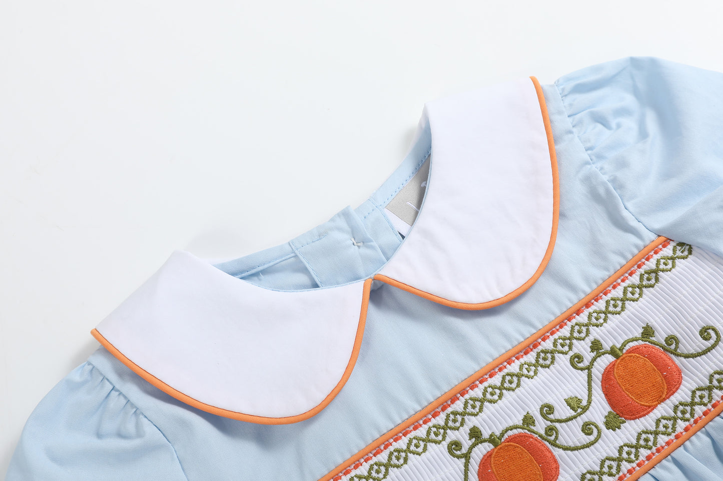 Light Blue Pumpkin Vine Smocked Dress and Bloomers