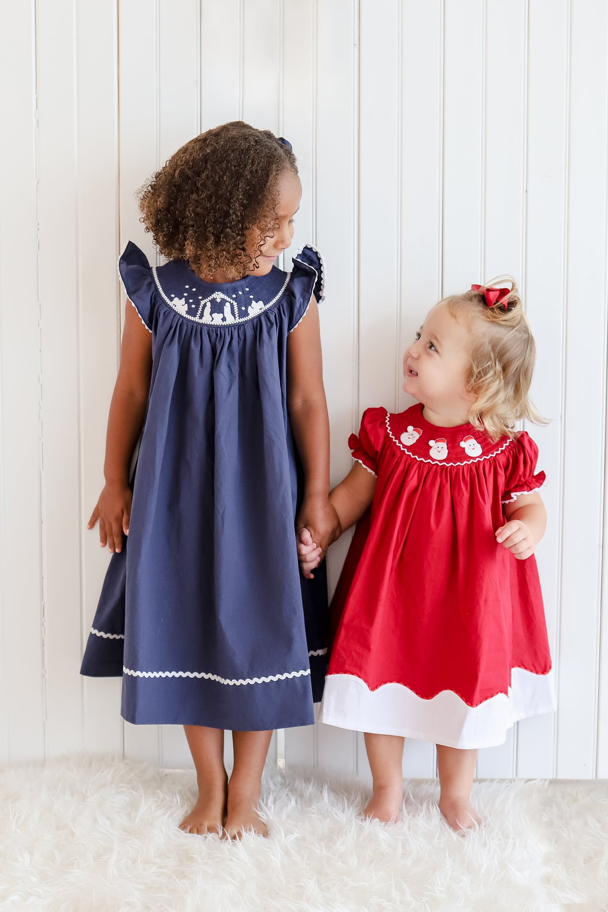 Red and White Santa Smocked Bishop Dress