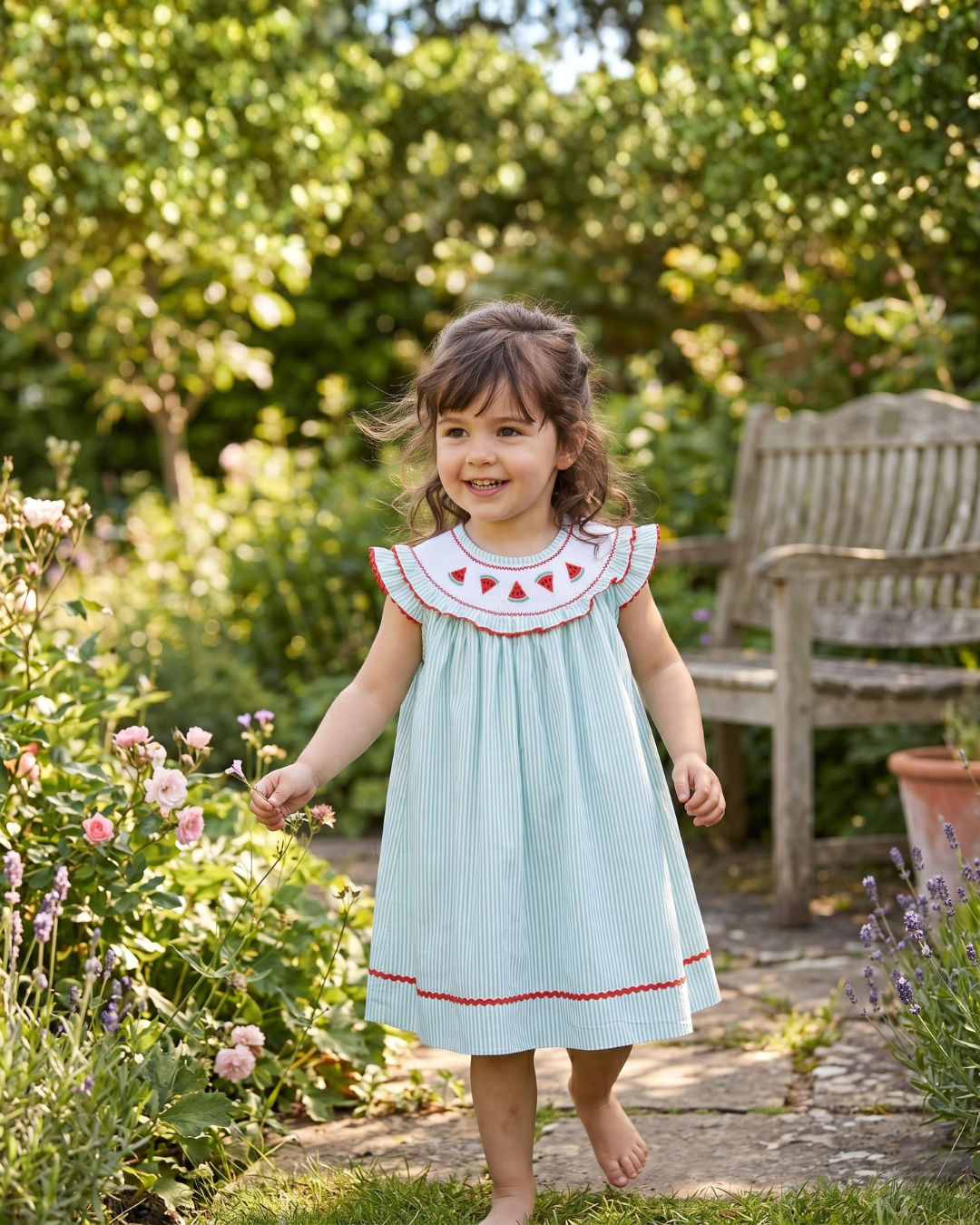 Green Seersucker Watermelon Bishop Smocked Dress