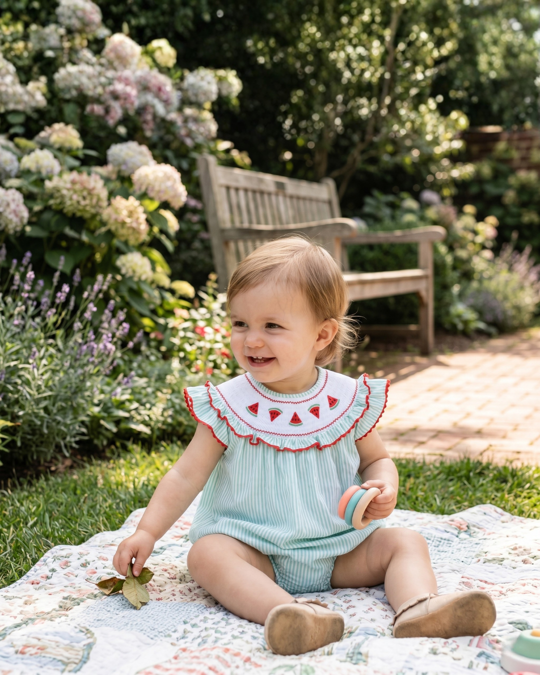 Green Seersucker Watermelon Smocked Romper
