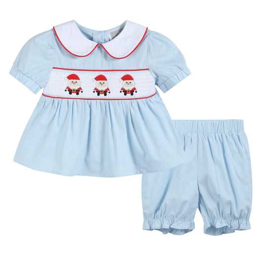 Light Blue Santa Smocked Dress and Bloomers