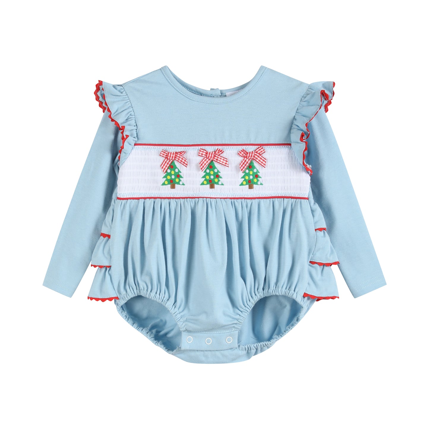 Light Blue Christmas Tree Smocked Knit Ruffle Romper