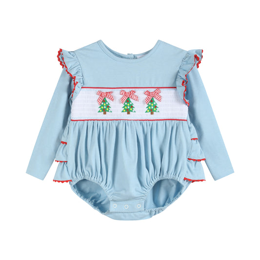 Light Blue Christmas Tree Smocked Knit Ruffle Romper