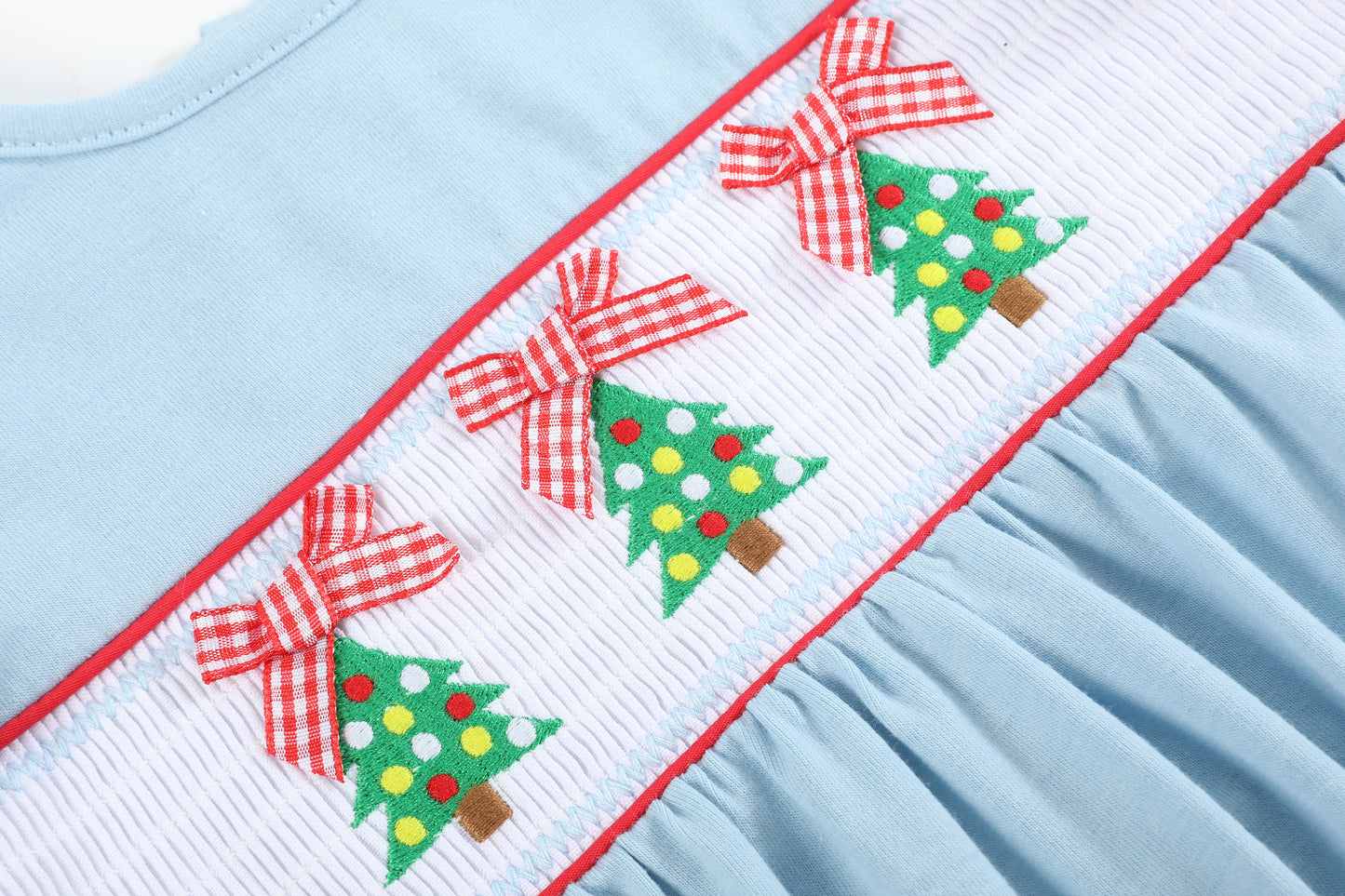 Light Blue Christmas Tree Smocked Knit Ruffle Romper
