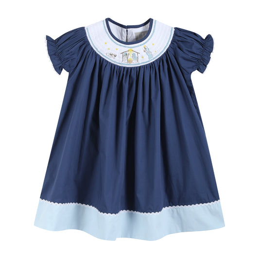 Dark Blue Nativity Smocked Bishop Dress