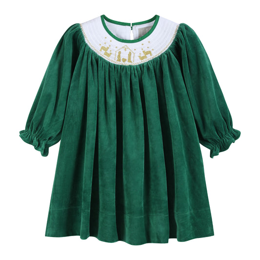 Green Velvet Nativity Smocked Dress