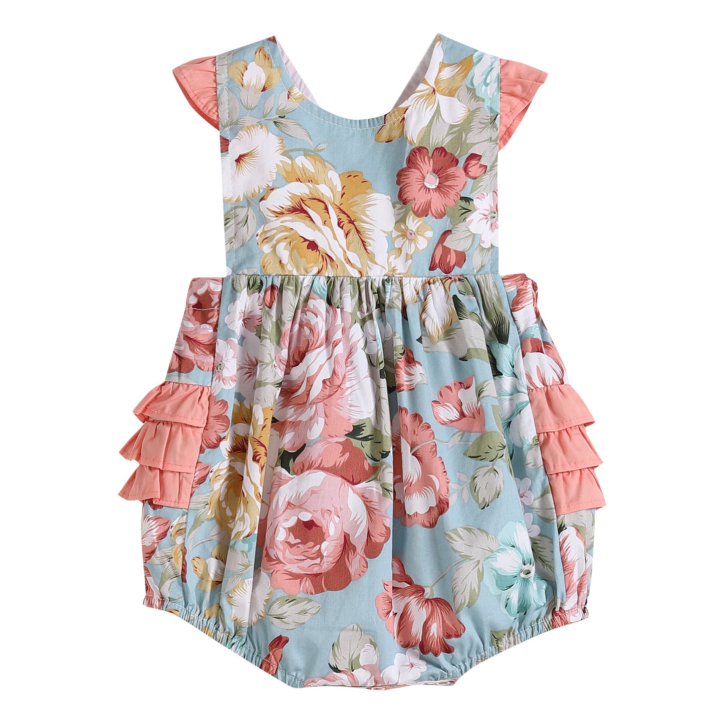 Pink and Blue Floral Print Ruffle Romper