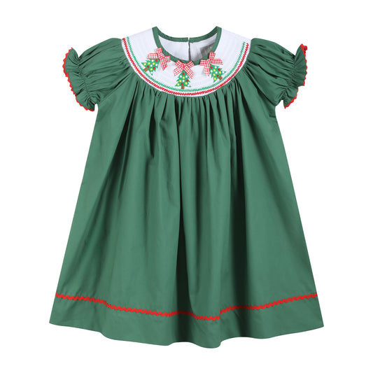 Green Christmas Tree Smocked Bishop Dress