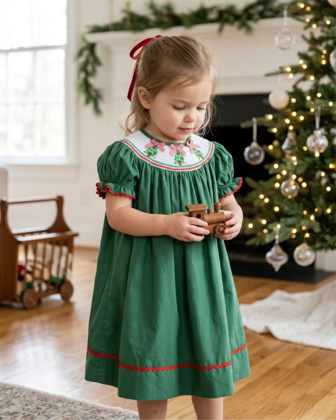 Green Christmas Tree Smocked Bishop Dress