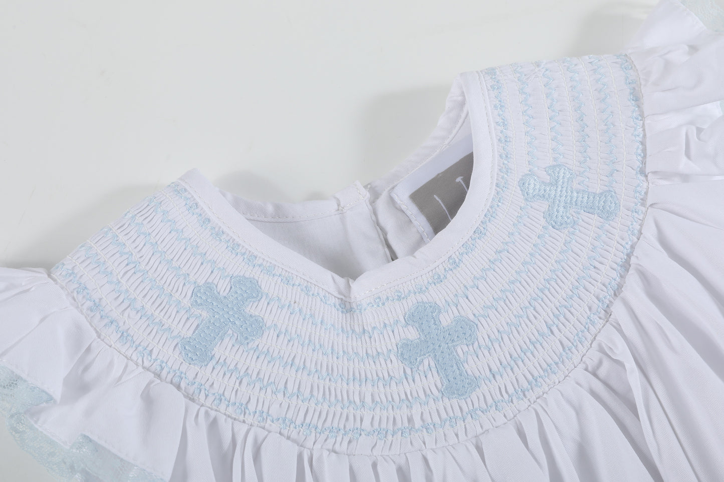 White and Blue Holy Smocked Bishop Dress