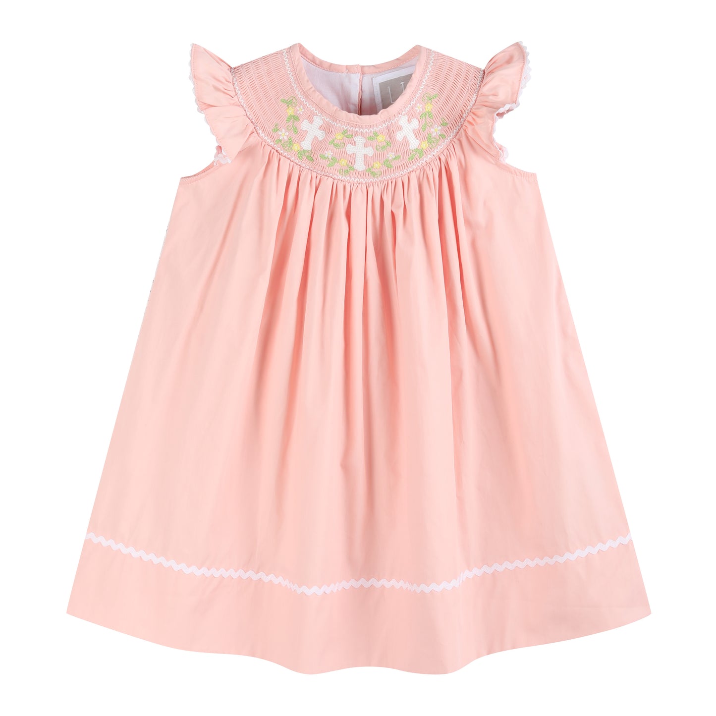 Pink Floral Crosses Smocked Bishop Dress