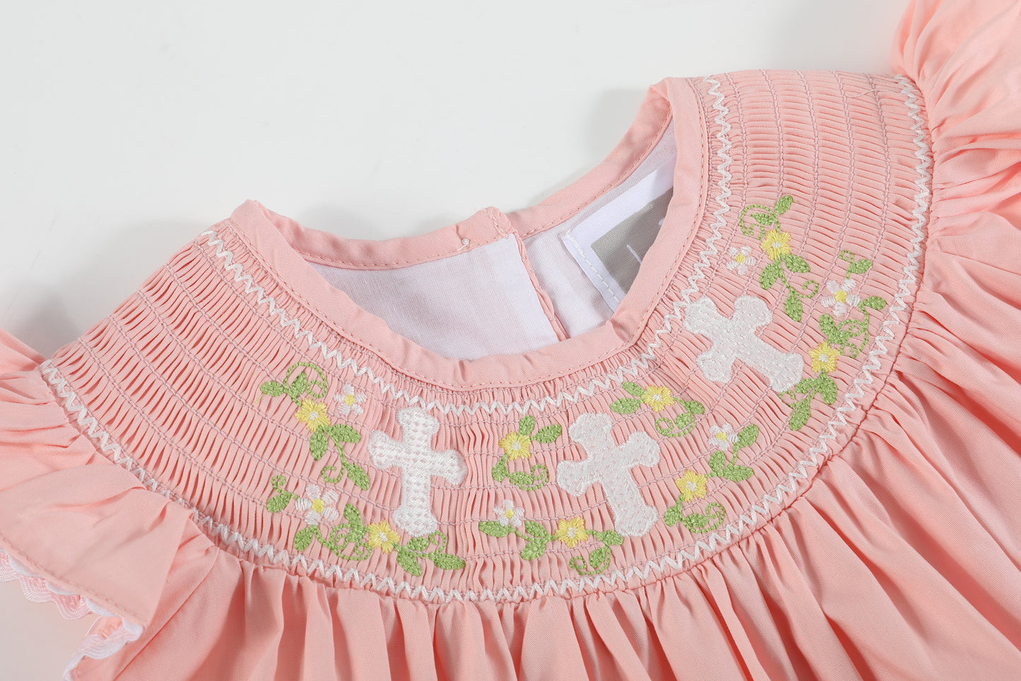 Pink Floral Crosses Smocked Bishop Dress