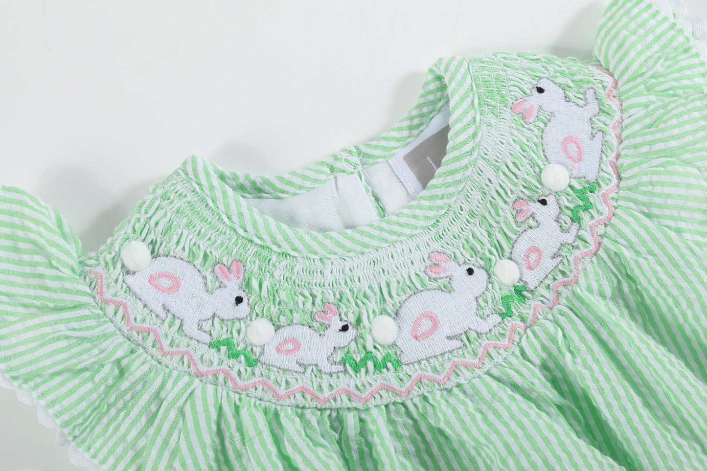 Green Seersucker Easter Bunny Smocked Flutter Romper