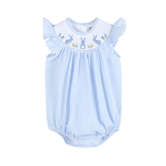 Light Blue Seersucker Easter Bunny Smocked Flutter Romper