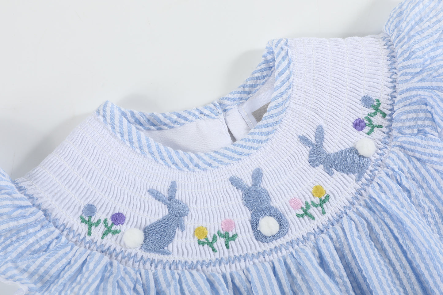 Light Blue Seersucker Easter Bunny Smocked Flutter Romper