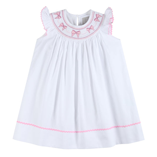 White and Pink Bows Smocked Bishop Dress
