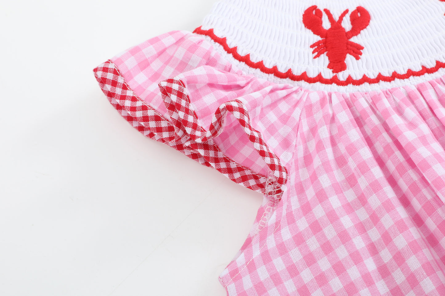 Pink Gingham Crawfish Smocked Bishop Dress