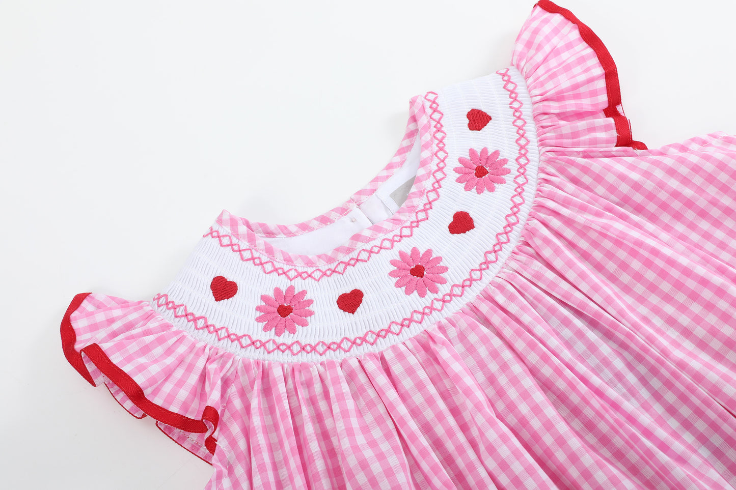 Pink Gingham Daisy and Hearts Smocked Bishop Dress