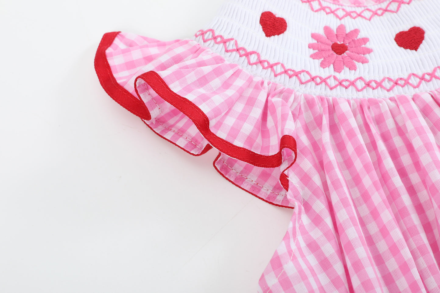 Pink Gingham Daisy and Hearts Smocked Bishop Dress