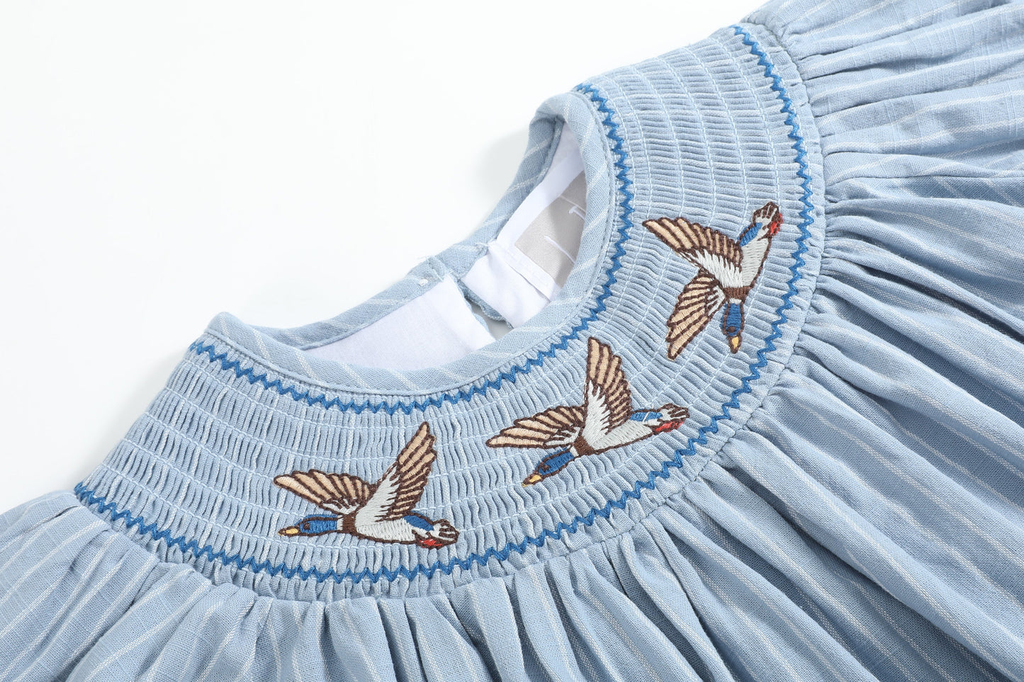 Blue Pinstripe Mallard Duck Smocked Bishop Dress