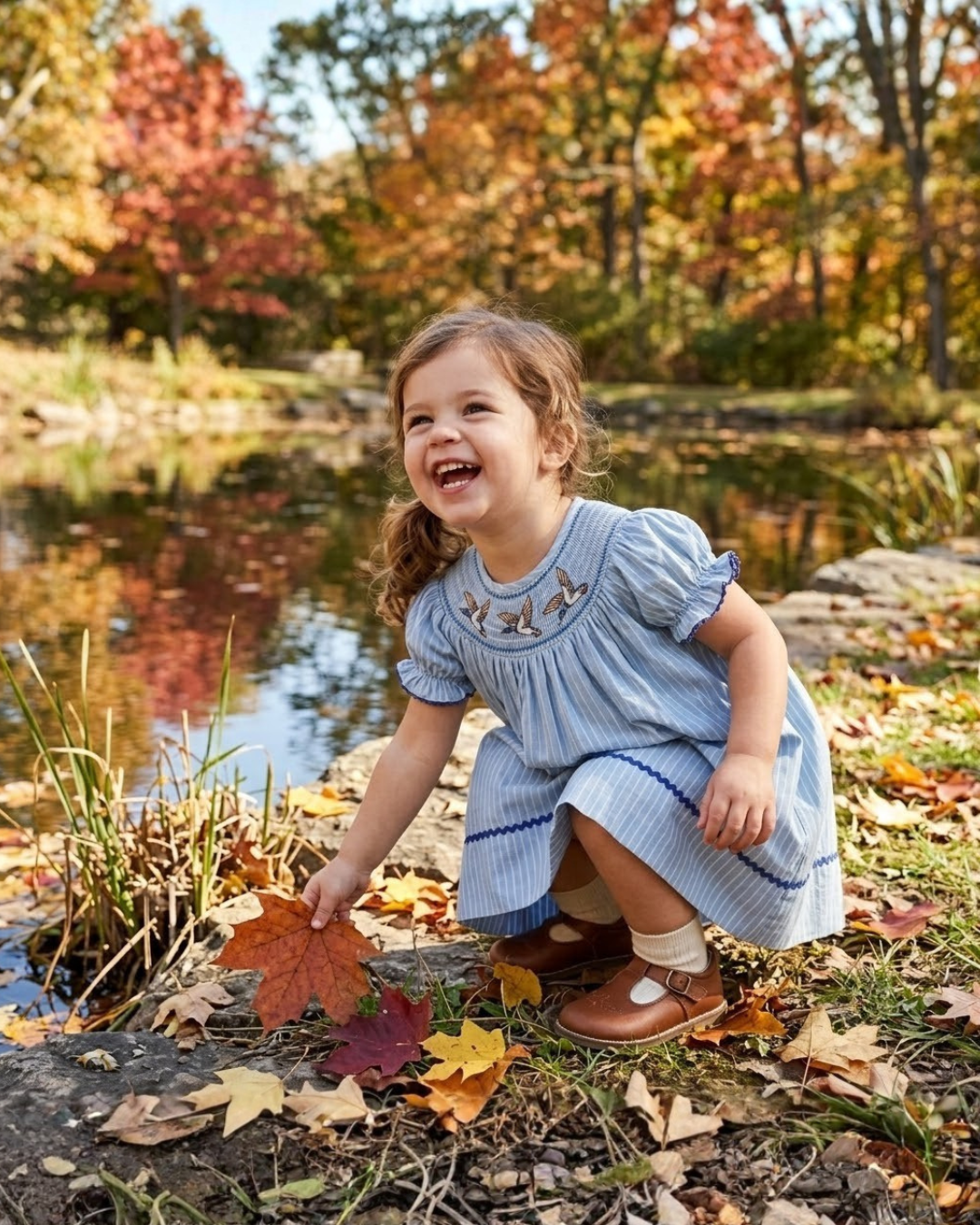 Blue Pinstripe Mallard Duck Smocked Bishop Dress