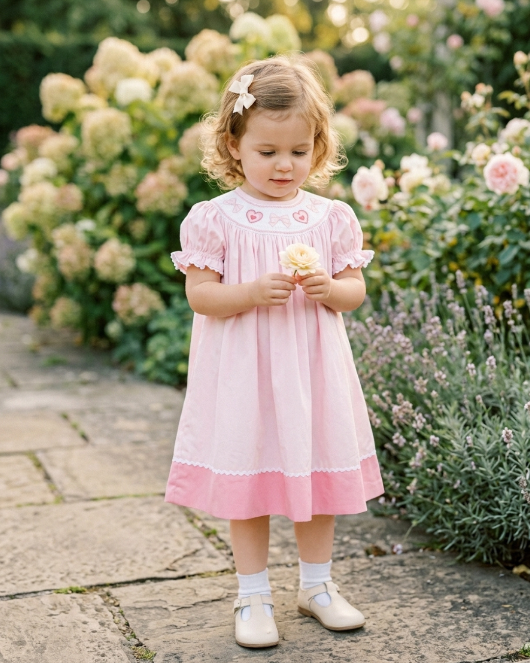 Pink Hearts & Bows Smocked Bishop Dress