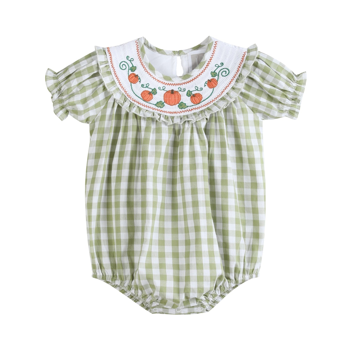 Sage Green Gingham Pumpkin Smocked Romper