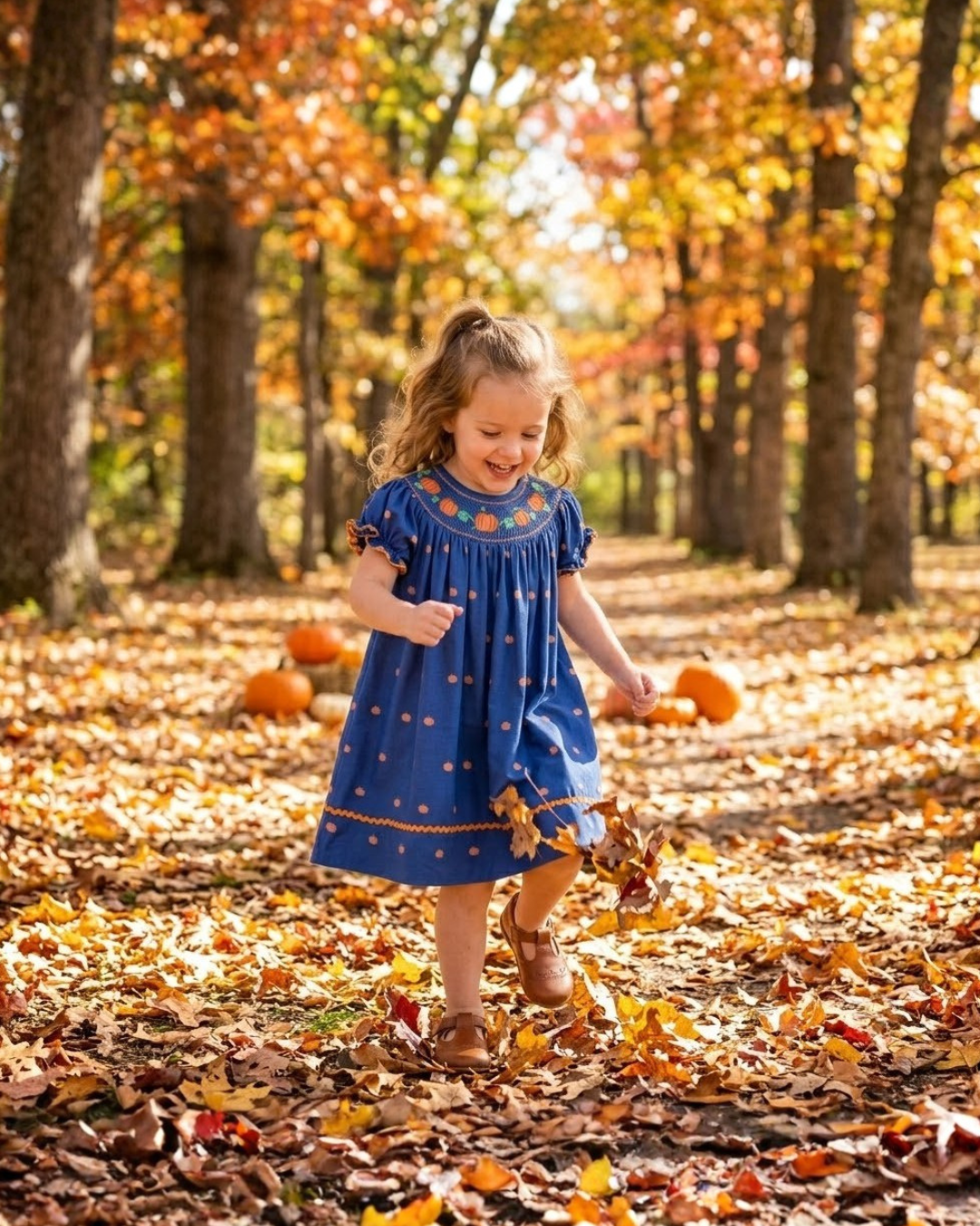 Blue Pumpkin Print Knit Smocked Bishop Dress