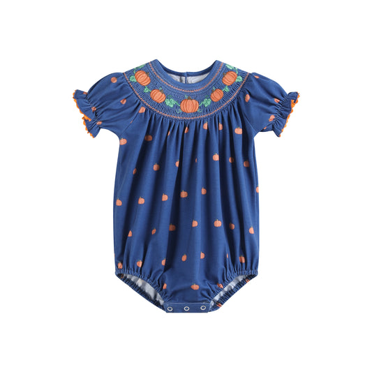 Blue Pumpkin Print Knit Smocked Romper