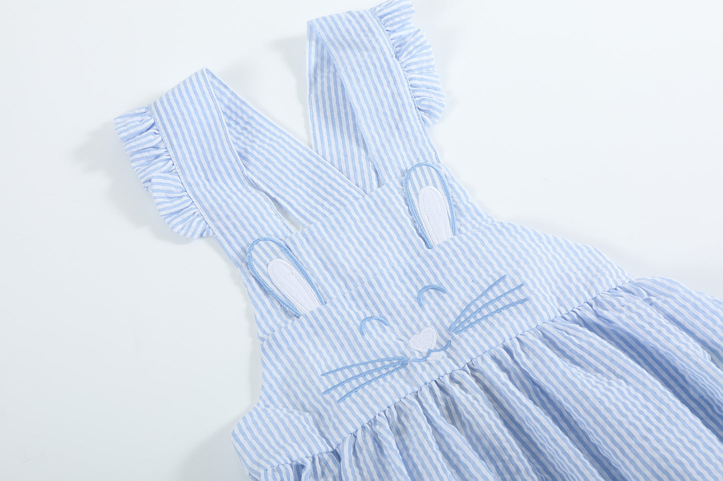 Blue Seersucker Bunny Face Ruffle Romper