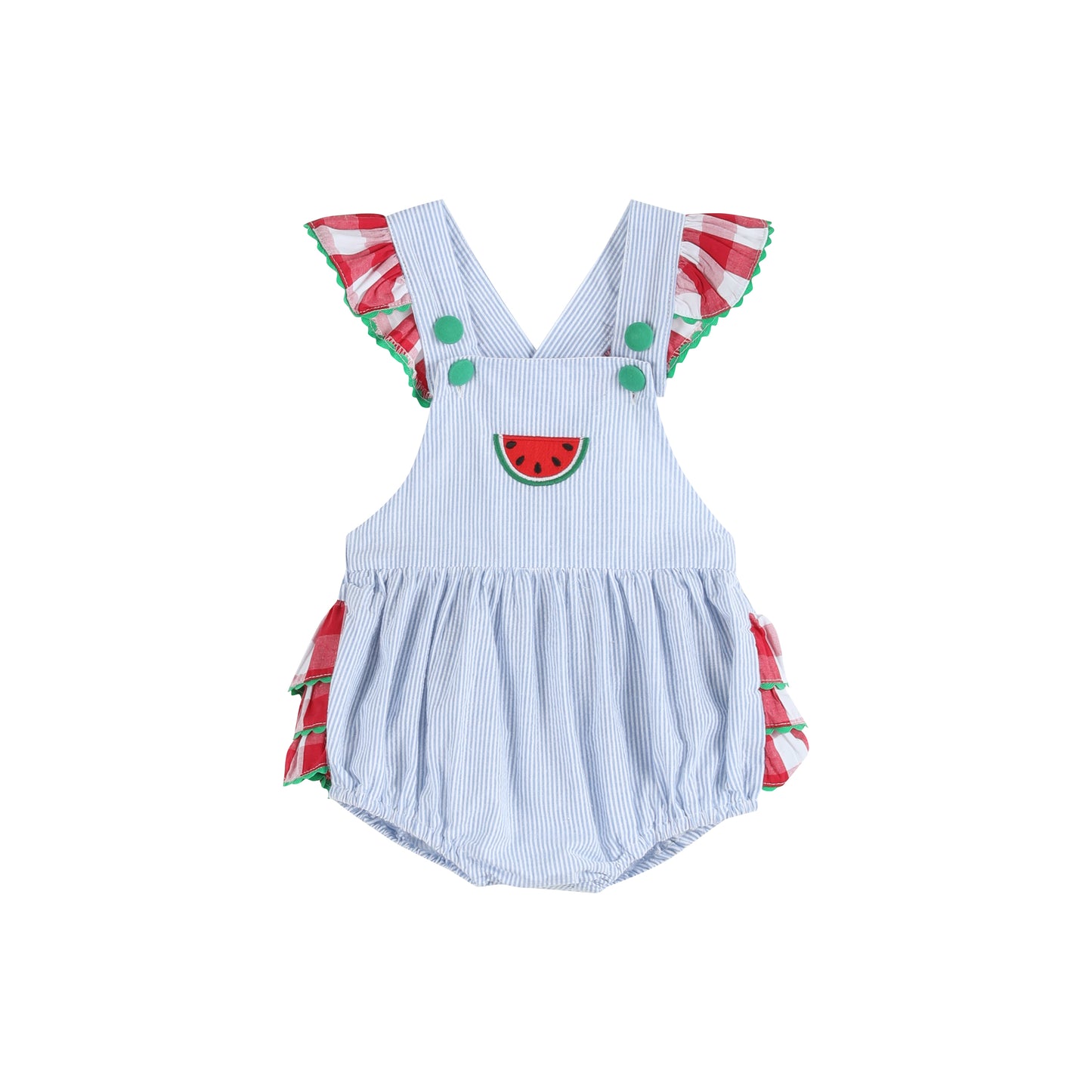 Light Blue Seersucker and Gingham Watermelon Ruffle Romper