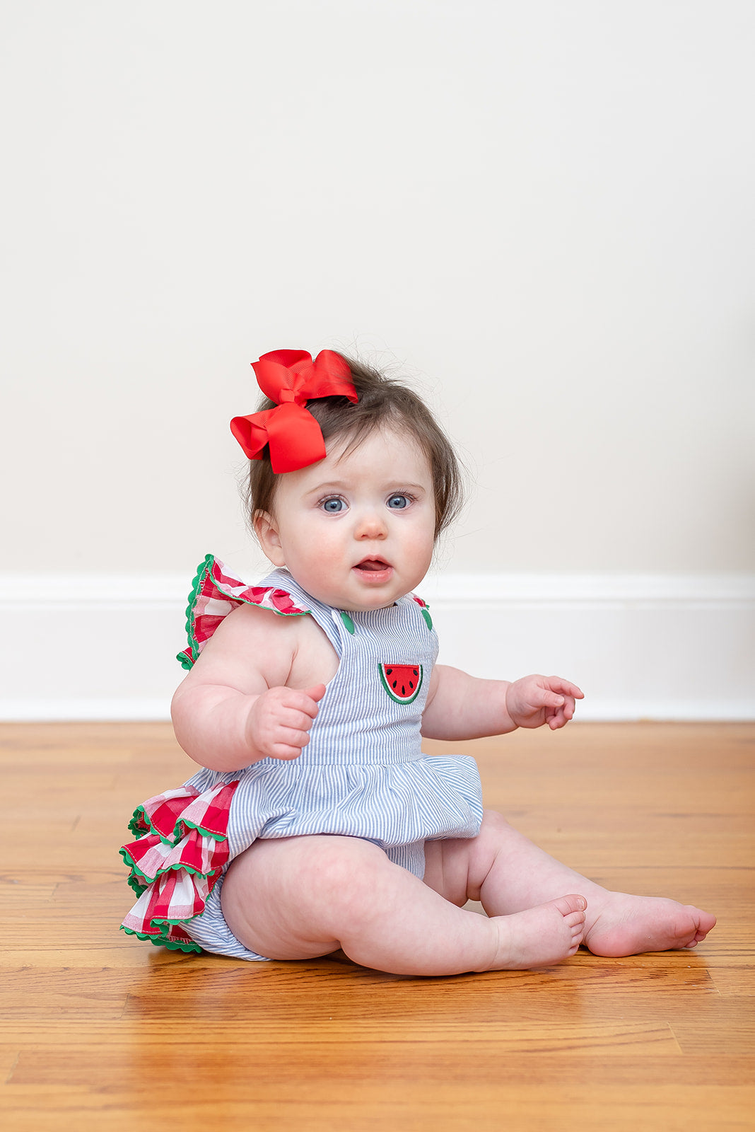 Light Blue Seersucker and Gingham Watermelon Ruffle Romper