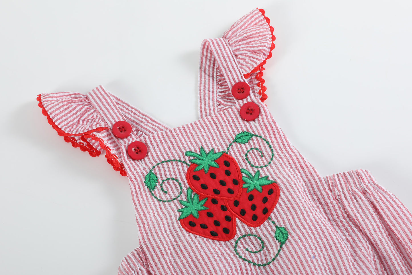 Red Seersucker Strawberry Ruffle Romper