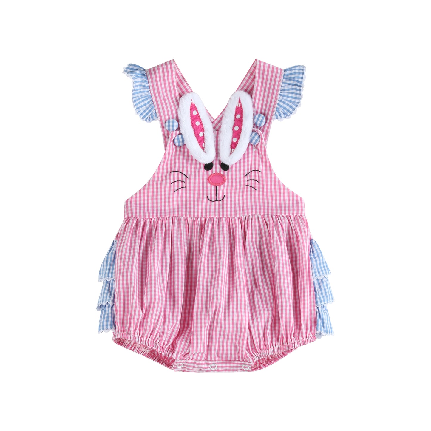 Pink and Blue Bunny Face Ruffle Romper