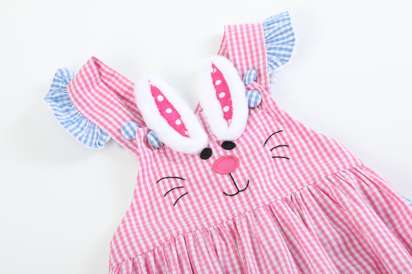 Pink and Blue Bunny Face Ruffle Romper
