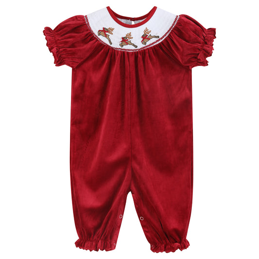 Red Velour Reindeer Smocked Playsuit