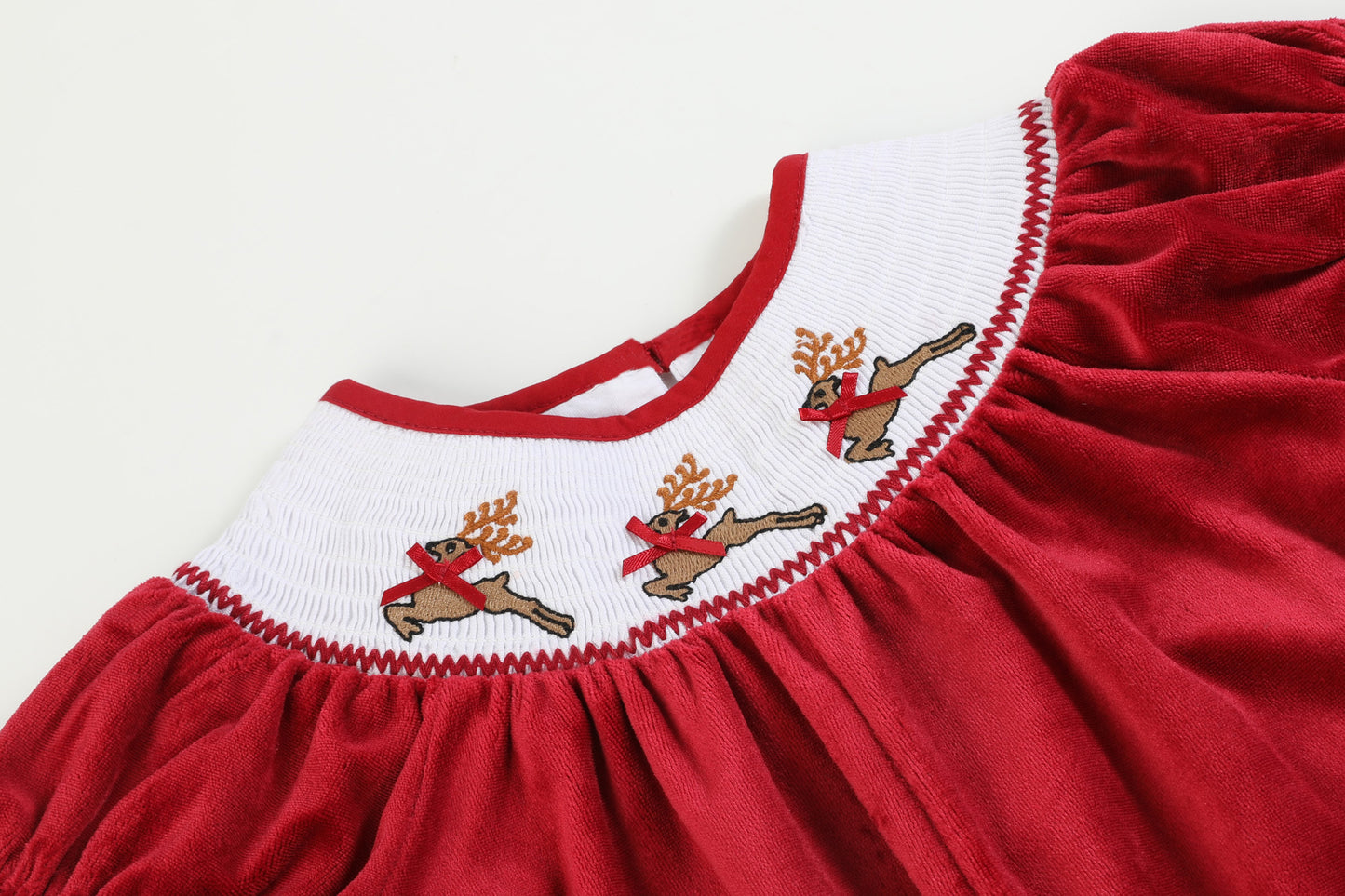 Red Velour Reindeer Smocked Playsuit