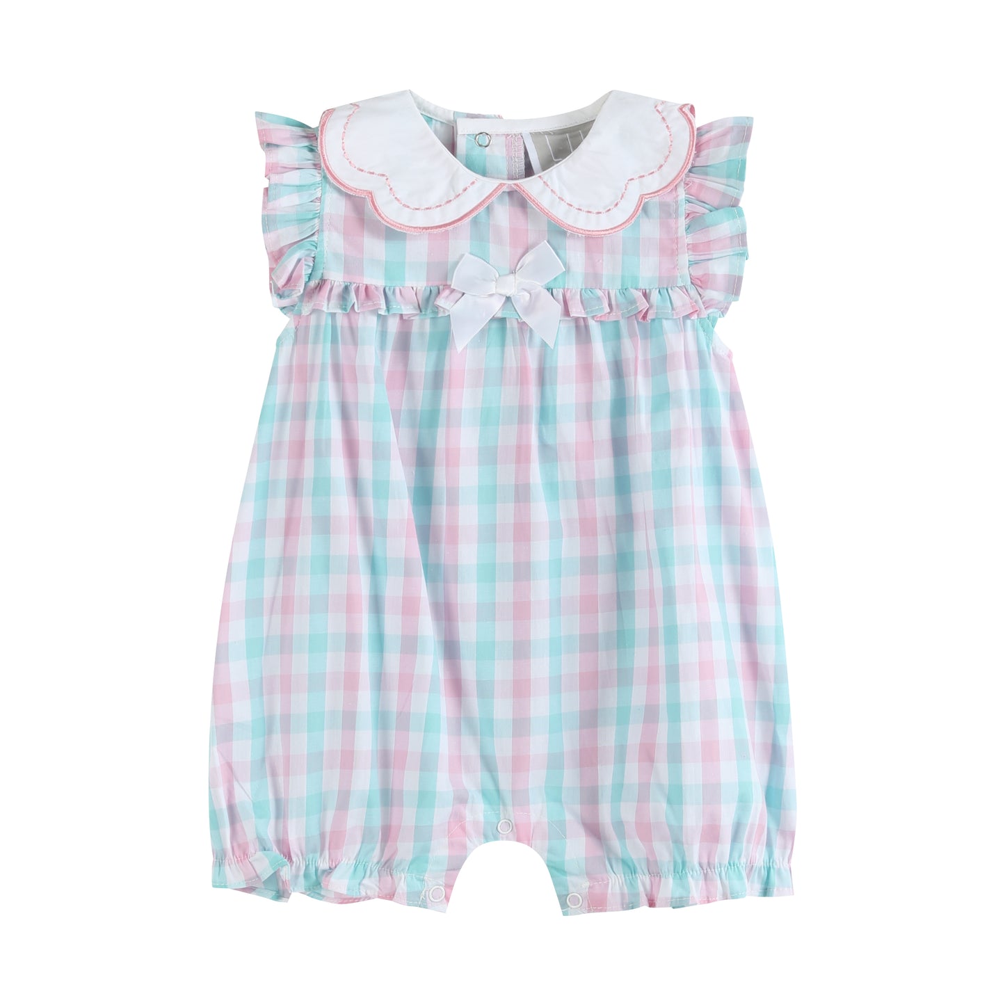 Pink and Turquoise Gingham Collared Romper