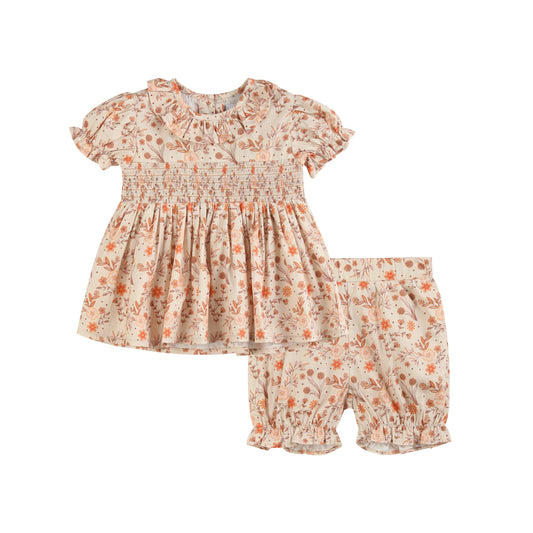 Brown Floral Smocked Dress and Bloomer Set