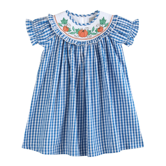 Blue Gingham Pumpkin Smocked Ruffle Bishop Dress