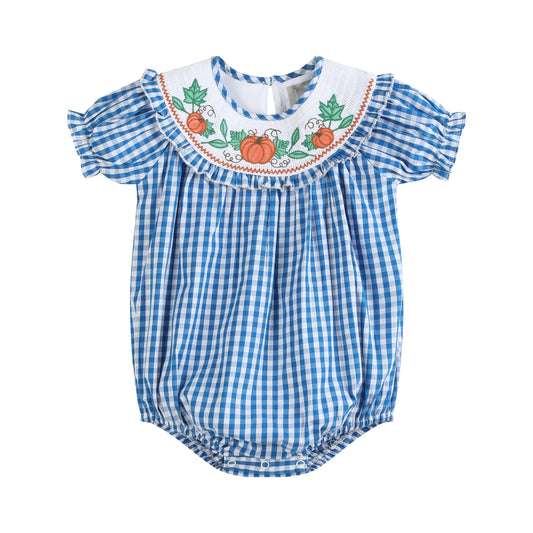 Blue Gingham Pumpkin Smocked Ruffle Romper