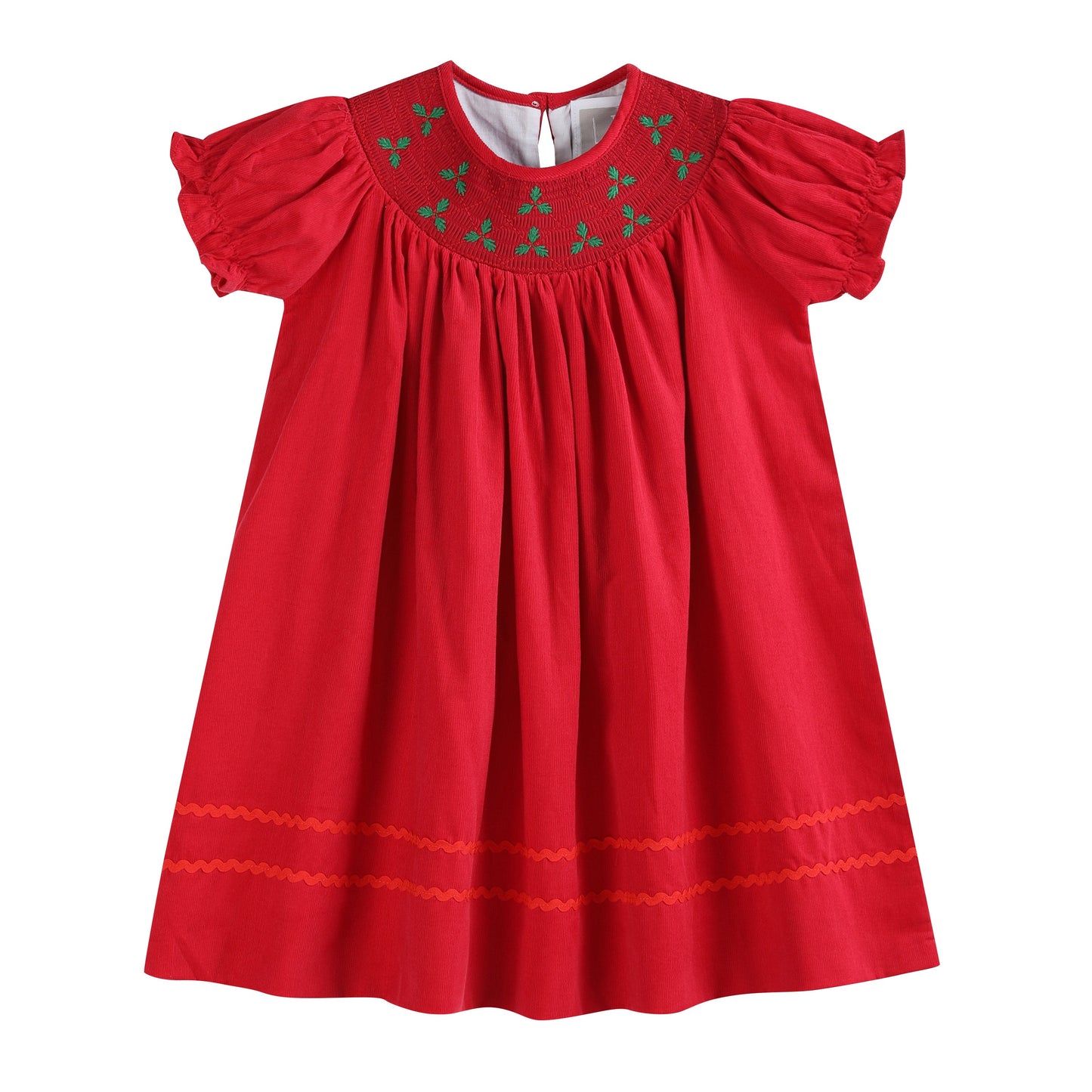 Red Corduroy Mistletoe Smocked Bishop Dress