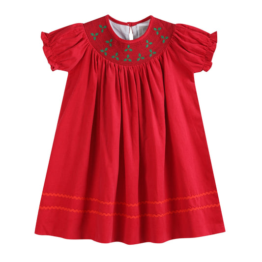 Red Corduroy Mistletoe Smocked Bishop Dress