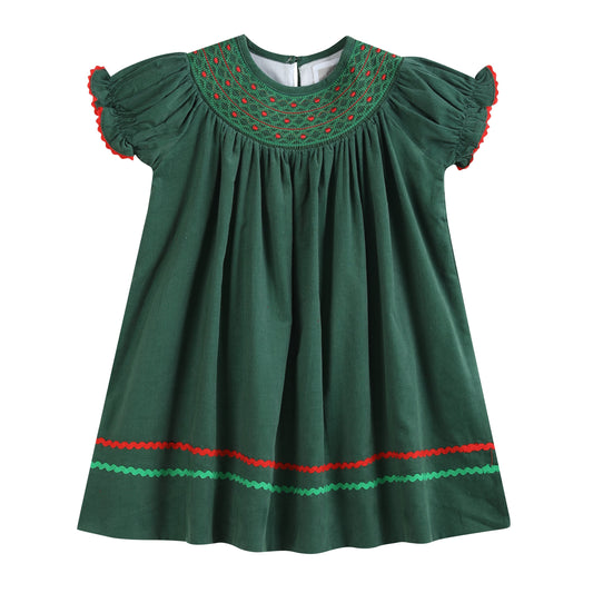 Green Corduroy Smocked Bishop Dress