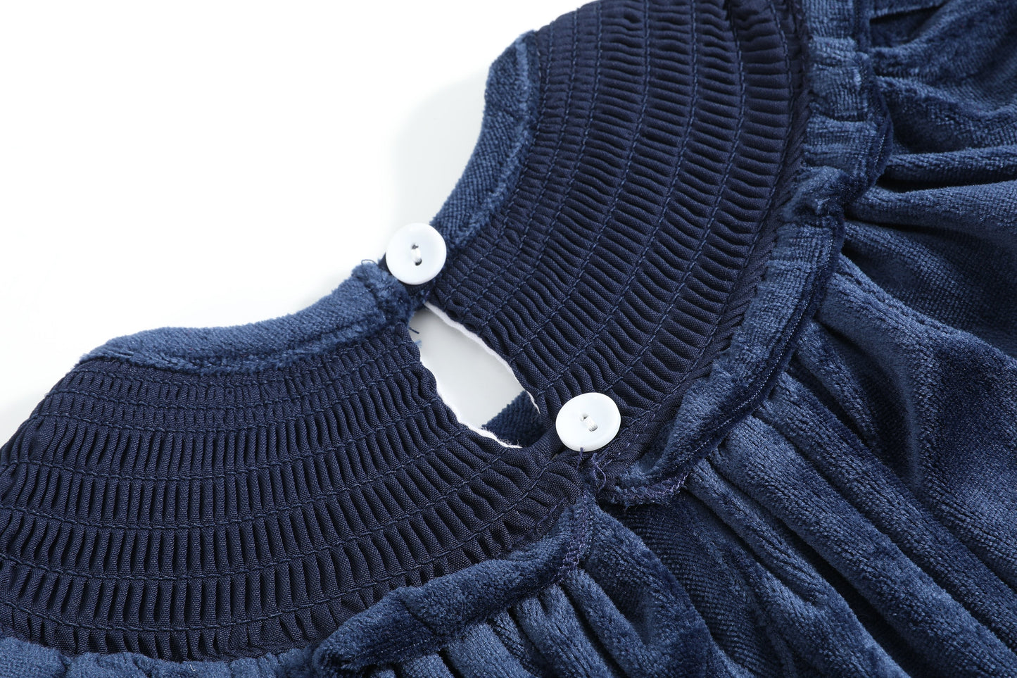 Blue Velvet Silver Bows Smocked Ruffle Bishop Dress