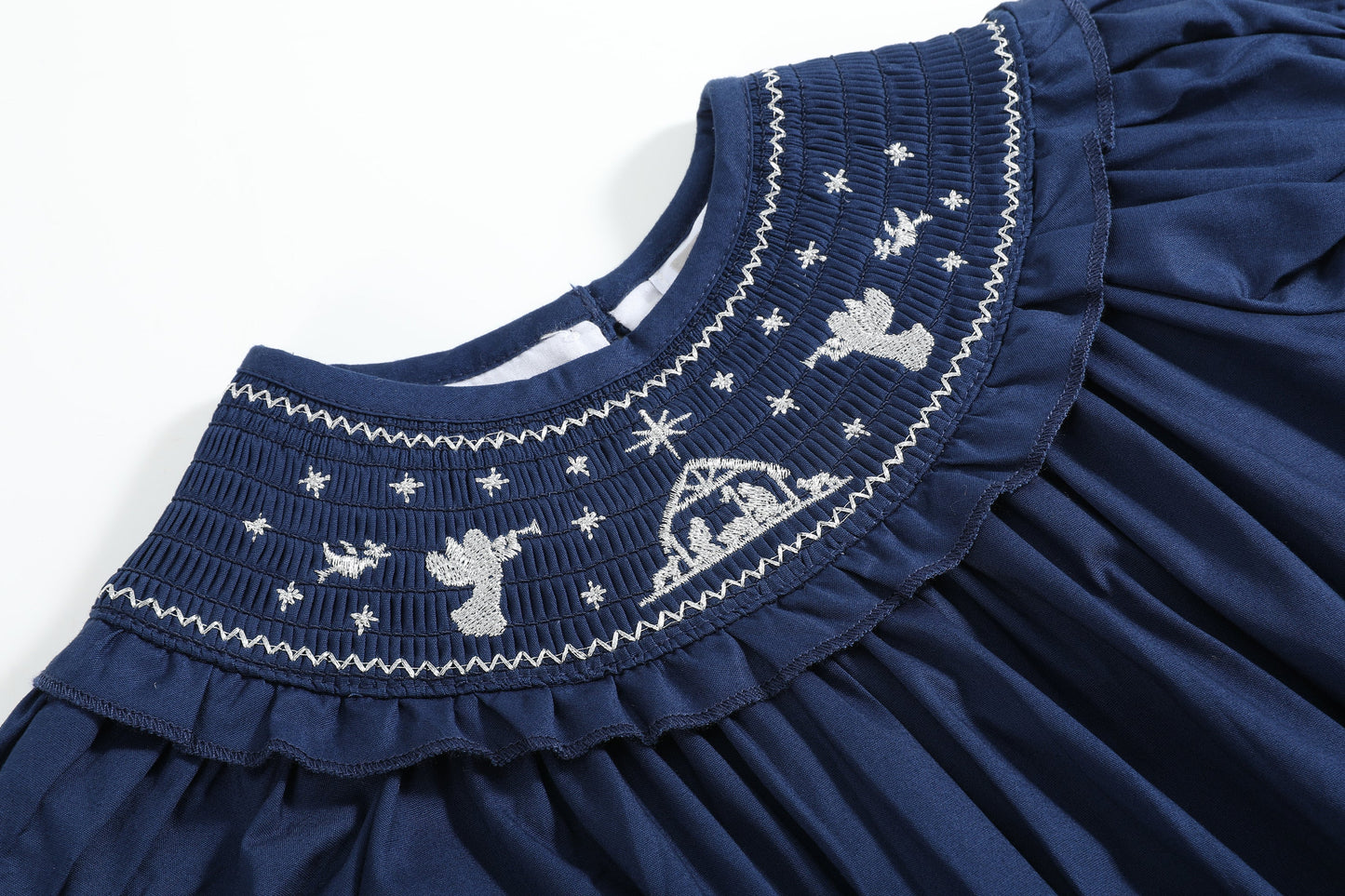 Blue Nativity Smocked Ruffle Romper
