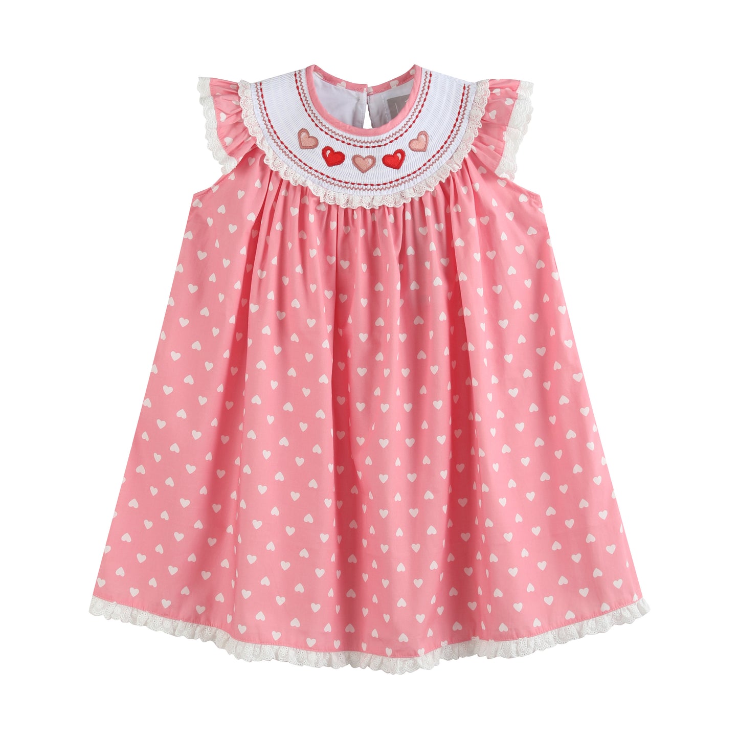 Pink Heart Print Smocked Bishop Dress