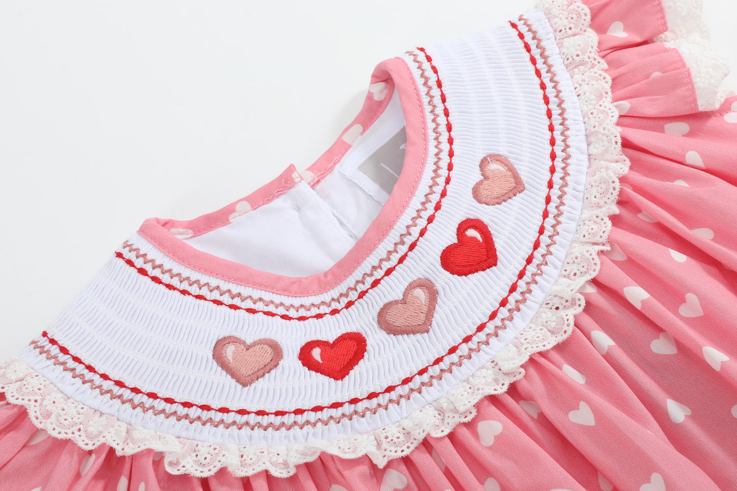 Pink Heart Print Smocked Bishop Dress